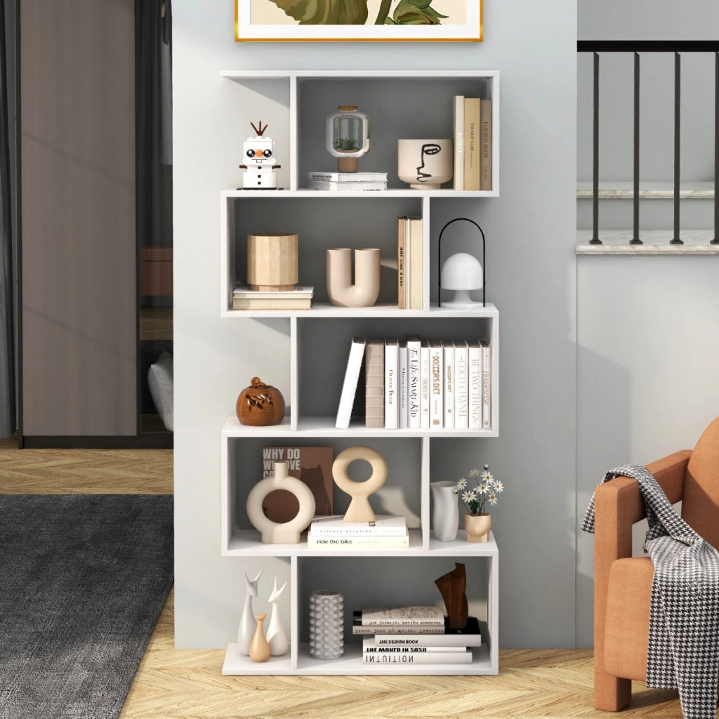 Scaffale a 5 ripiani con dispositivo antiribaltamento-Libreria geometrica a forma di S Bianco