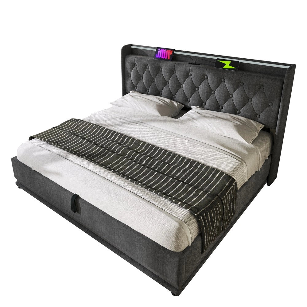 Letto Imbottito Contenitore 180x200 con LED e Testiera ¨C MINIMAL ¨C Grigio, Idraulico, USB