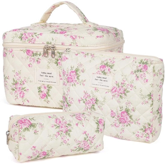 Borsa cosmetica, borsa cosmetica imbottita per donne, borse da trucco con motivo di fiori per donne, set di borse da toeletta per viaggio
