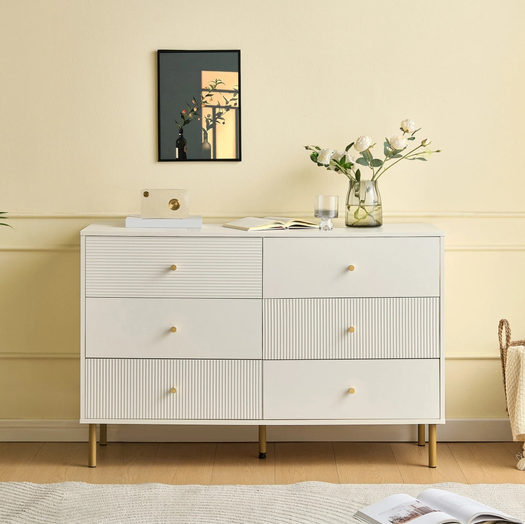 Cassettiera moderna a 6 cassetti 120x40x78 cm in MDF bianco con maniglie in lega di zinco