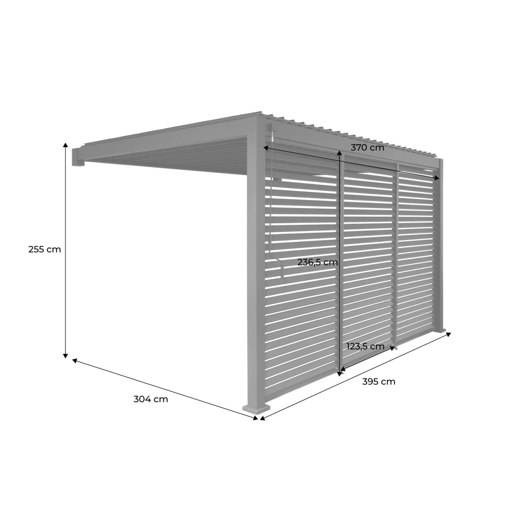 Pergola bioclimatica in alluminio addossata 3x4m + 3 persiane 1.3m,