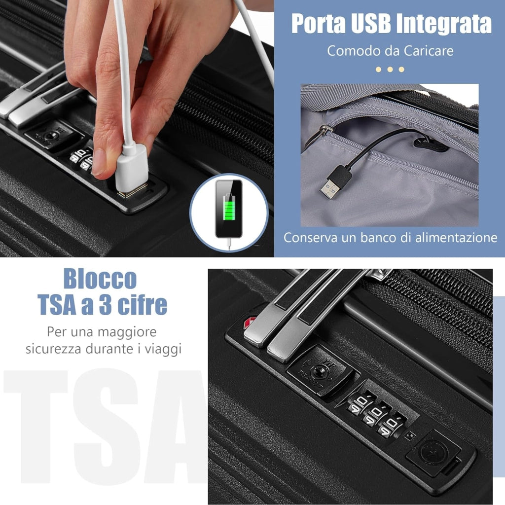 Set di Bagagli da 2 Pezzi, Valigia Trolley da 20" e Casetta da Trucco da 14" in Materiale PP Rigido Leggero con Lucchetto TSA, Porta USB e Ruote Girevoli, Bagaglio a Mano Espandibile (Nero)