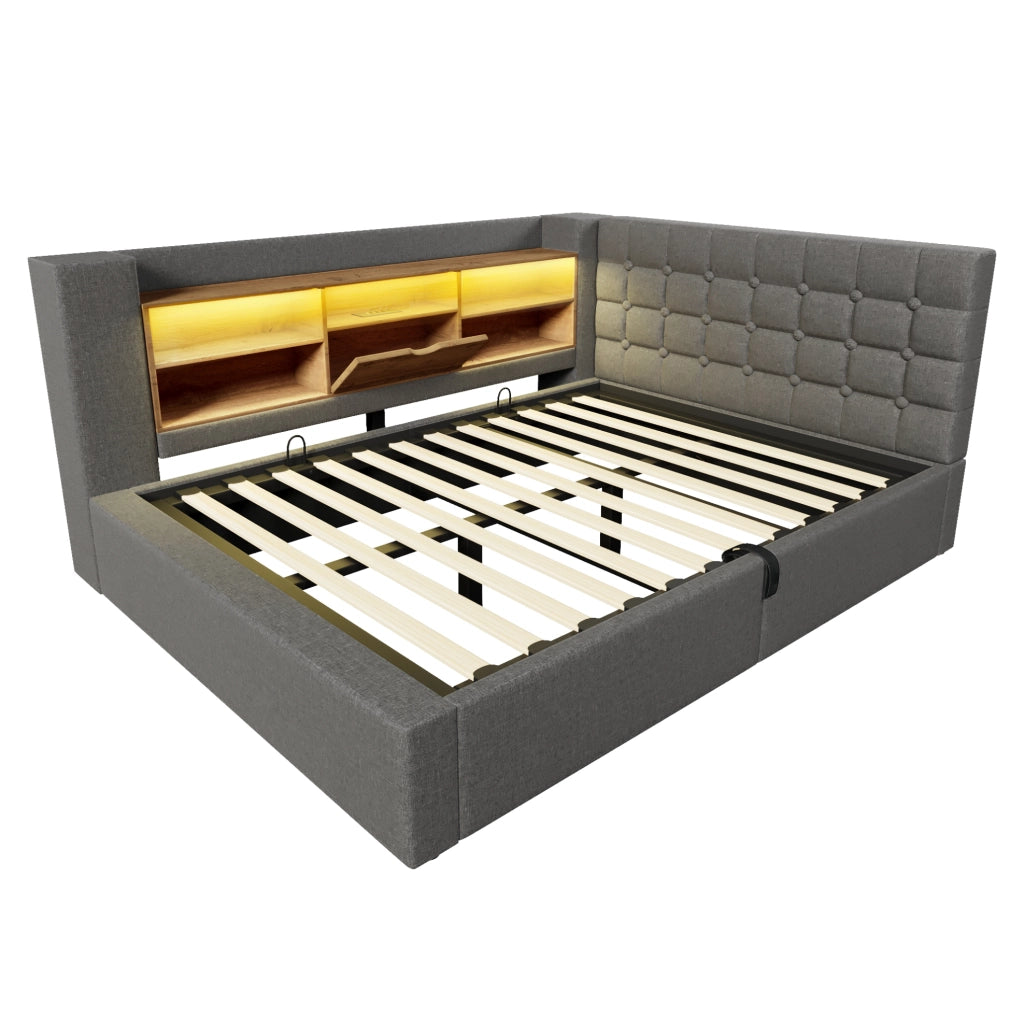 Letto imbottito 140x190 cm con LED, contenitore idraulico e testiera L reversibile