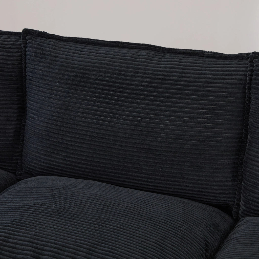 Divano modulare 3 posti in corduroy nero con hocker, USB-C e tasche laterali