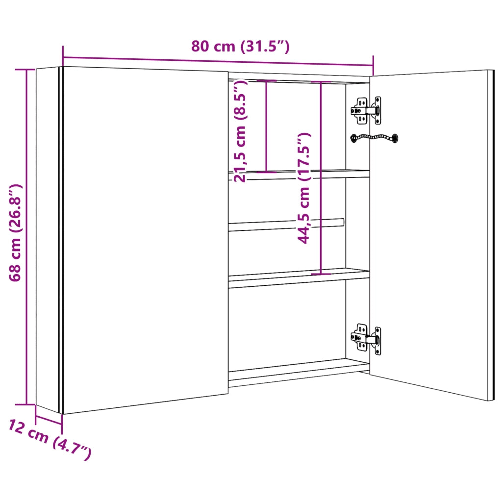Armadietto Bagno con Specchio e LED 80x12,2x68 cm 285123