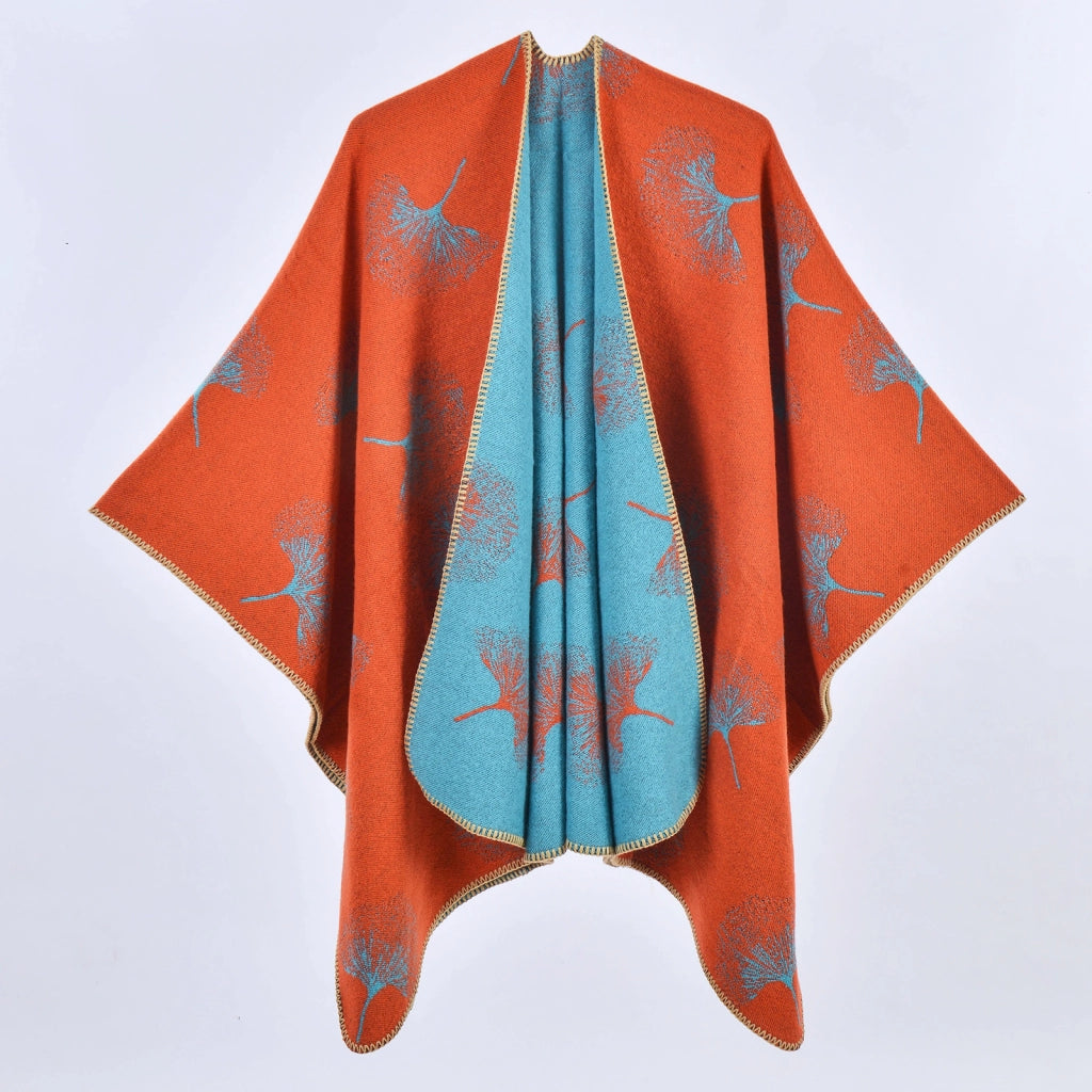 Sciarpa da viaggio, sciarpa in cashmere a maglia con foglie di ginkgo autunno/inverno, mantella con spacco, poncho