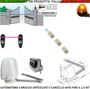 KIT MOTORE A BRACCIO ARTICOLATO 230/24 V CANCELLO AUTOMATICO ANTA BATTENTE DA 0,5 A 2,5 MT CENTRALE 3 RADIOCOMANDI FOTOCELLULE FARO