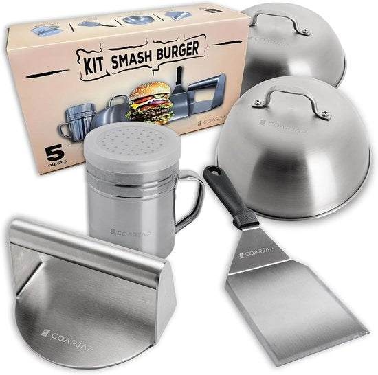 Set di Hamburger Smash – Inclusi Pressa, Spatola Grill, 2 Campane da Hamburger e Shaker di Erbe – Sicuro per l'Uso Alimentare UE