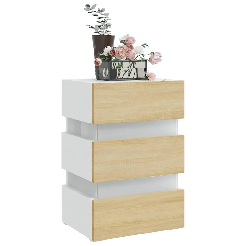 Comodino con Luci LED Bianco e Sonoma 45x35x67cm in Multistrato 326845