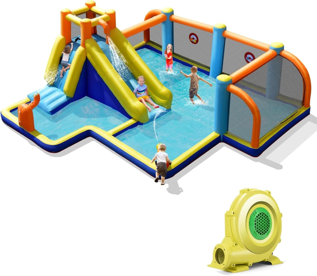 Castello Gonfiabile per bambini, Casa Gonfiabile con Scivolo, Piscina, con Borsa di Trasporto, Soffiatore e Kit di Riparazione, per 5 Bambini di 3-12 Anni, 465 x 500 x 200 cm