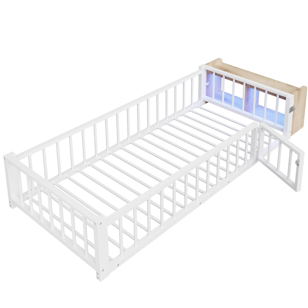 OKWISH Letto per Bambini 90 x 200 cm con Sponda, Vano Aperto e LED, senza Materasso, Metallo e MDF, Bianco