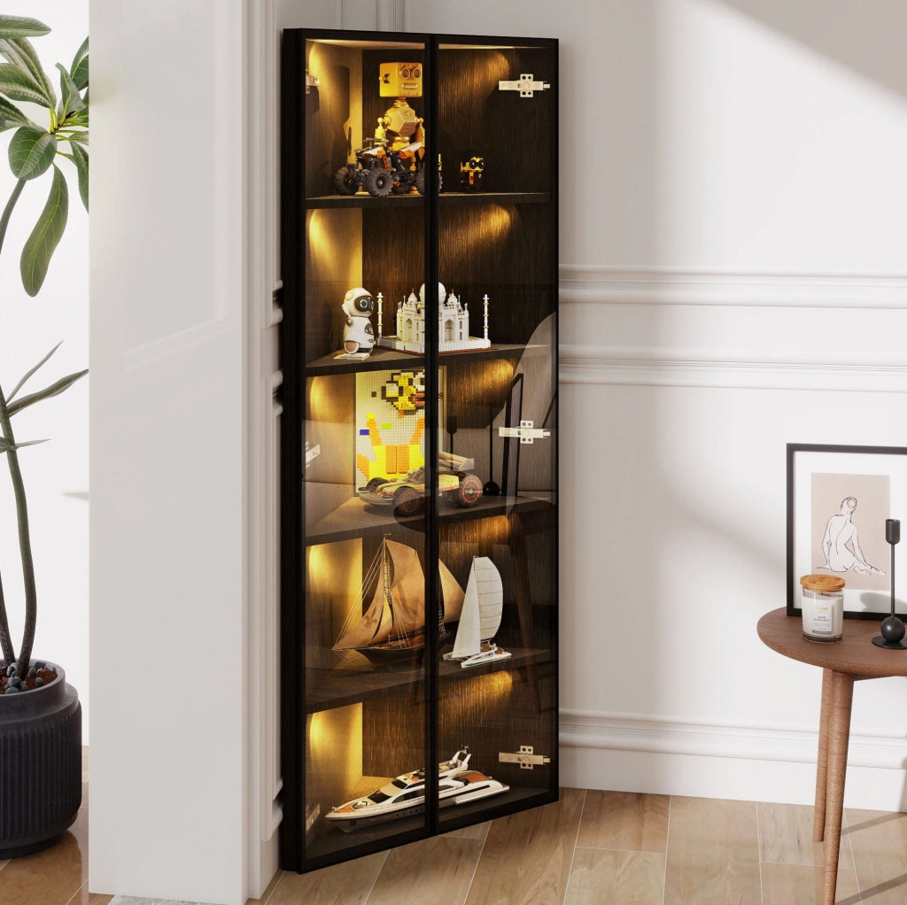 Vetrina angolare 62x35x160 cm con illuminazione LED integrata in MDF; vetro e alluminio nera