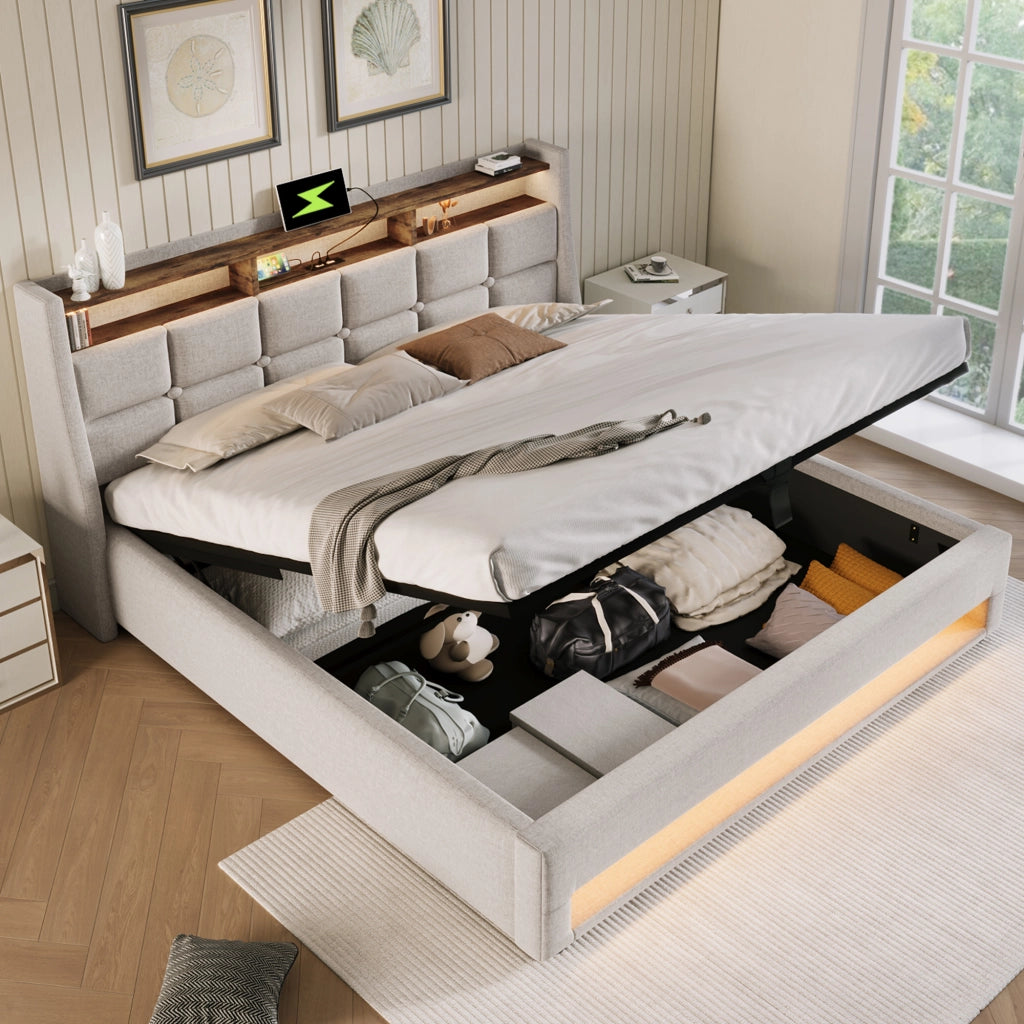 LETTO imbottito LED e USB 160x200 cm Beige con vano contenitore