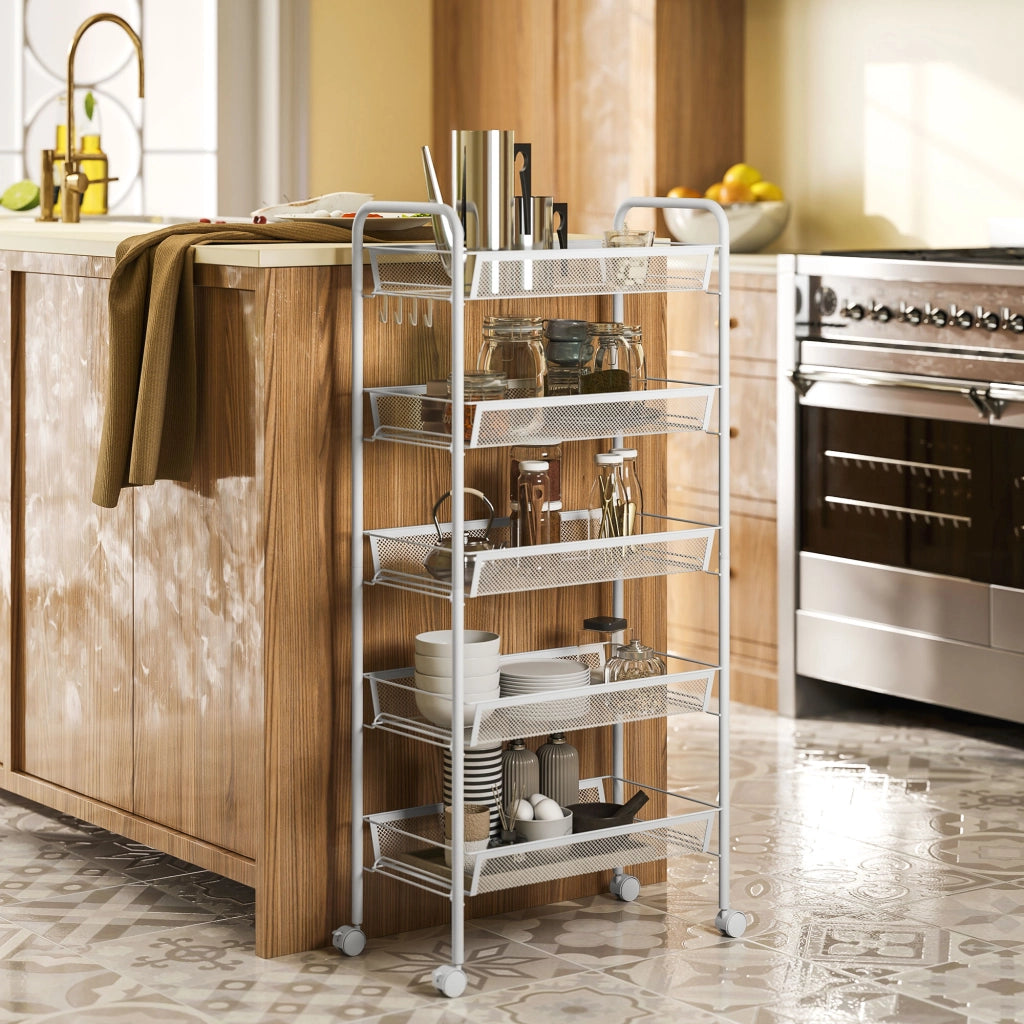 Carrello multiuso a 5 ripiani ¨C Xylo ¨C con cestelli rimovibili e 4 ganci, bianco, 45x26.5x106cm