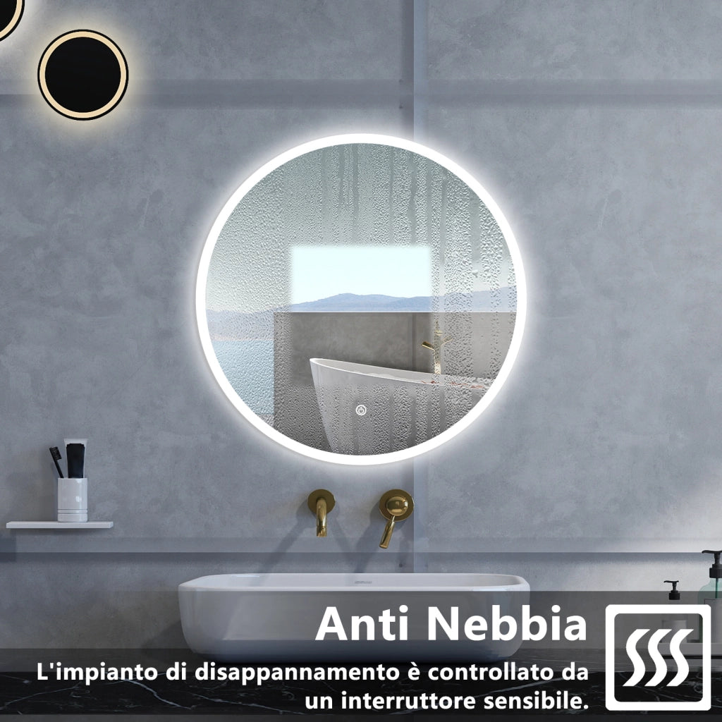Specchio da bagno Rotondo con 90cm,3 colori,Memoria, Antifog,Regorabile,Retroilluminato,doppio interruttore,