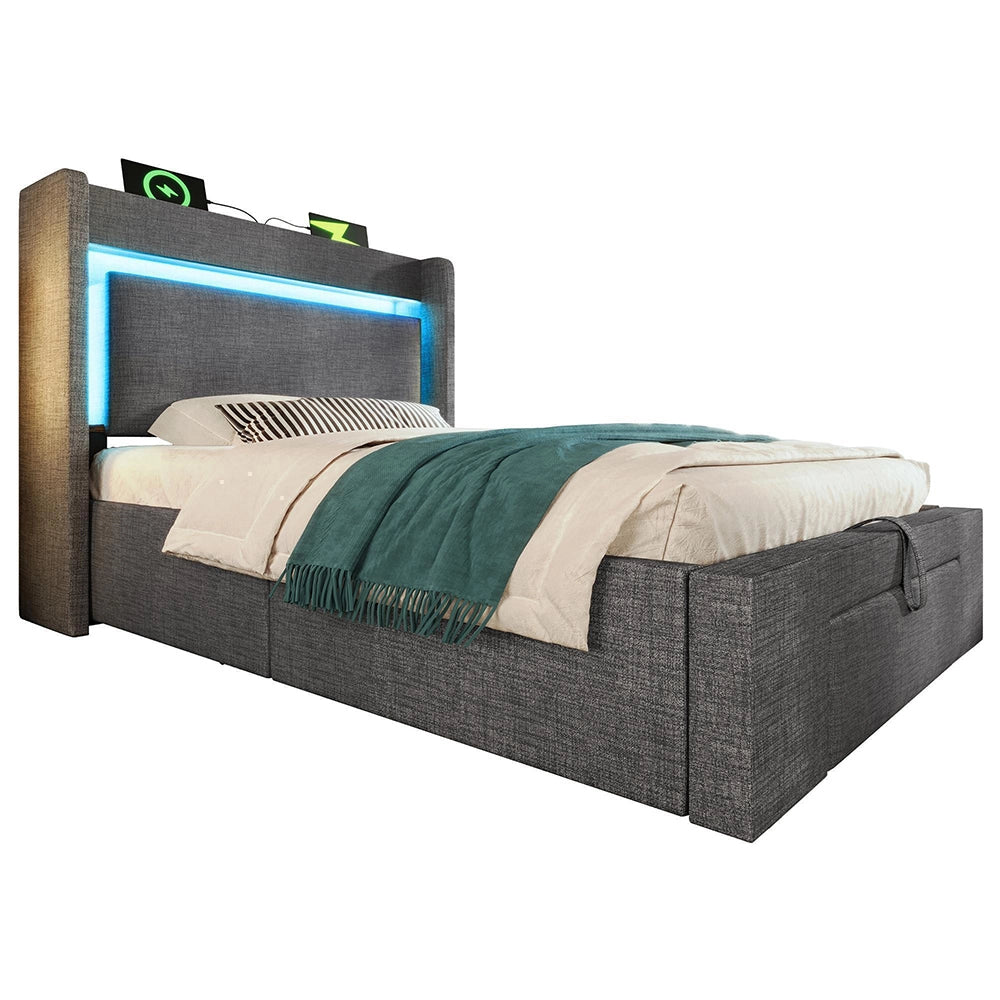 Letto imbottito 90x200cm - Xylo - Grigio lino, spazio idraulico, testiera con LED/USB, materasso incluso