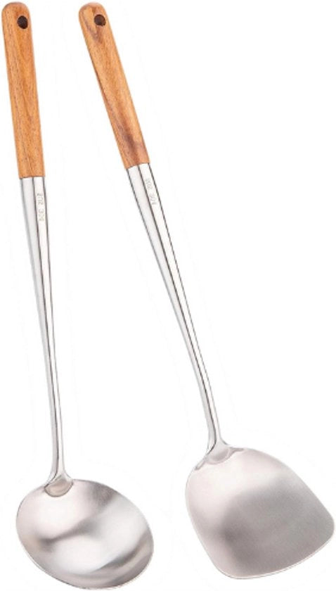 Set di Wok Spatola e Cucchiaio - 17” Spatola di Wok in Acciaio Inossidabile 304 - Resistente al Calore & Duraturo
