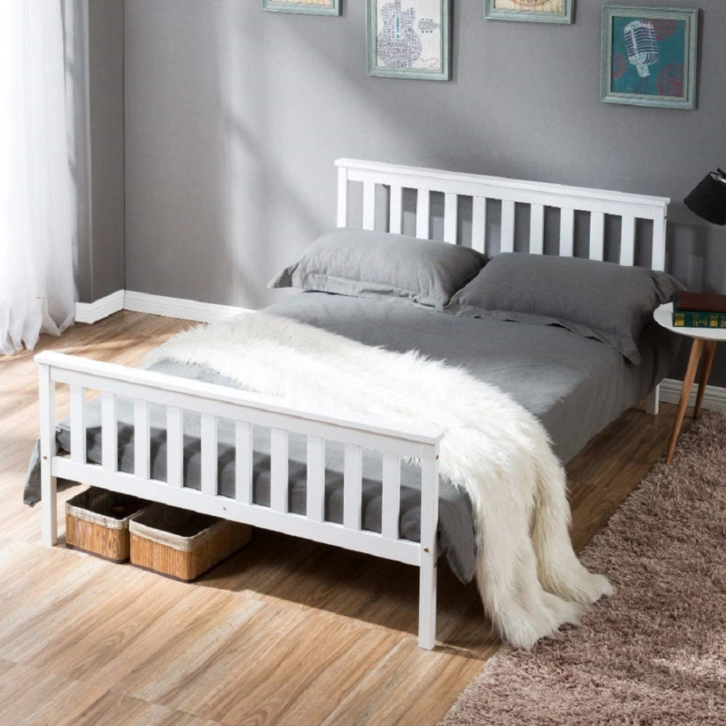 Letto matrimoniale, letto in legno 140 x 200 cm, letto in legno massello con rete a doghe, letto in pino per adulti, bambini, ragazzi, bianco