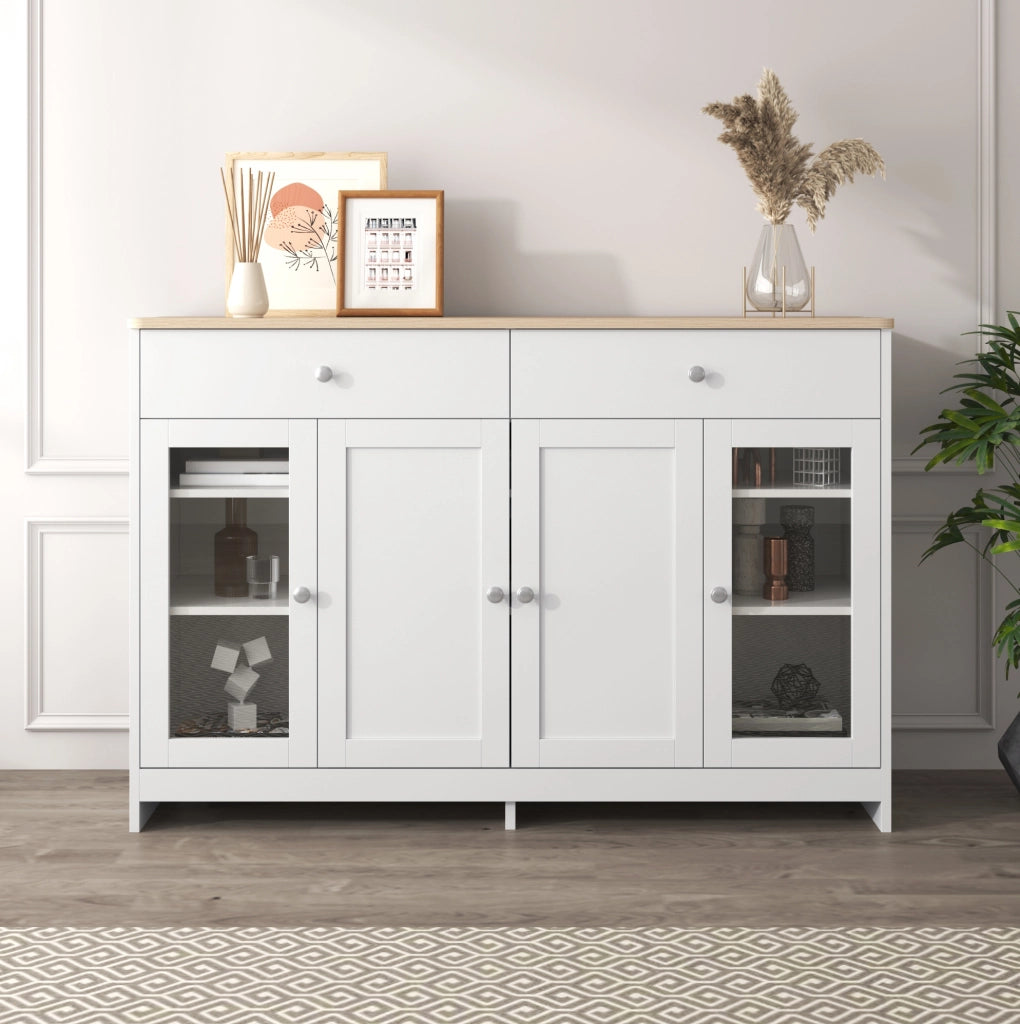 Credenza sideboard rustica 120 cm in MDF bianco e effetto legno; 2 cassetti e 4 ante