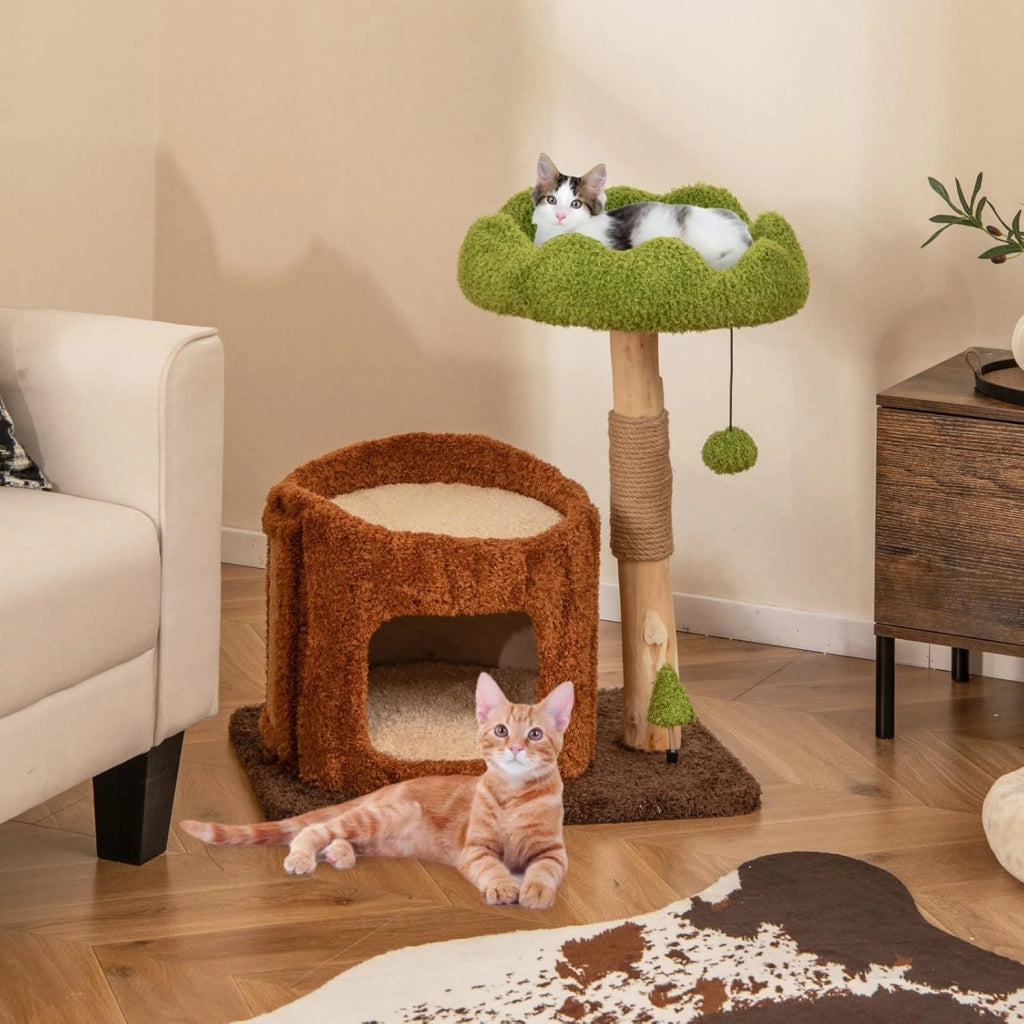 Tiragraffi a Forma di Albero per Gatti 73cm, Albero per Animali Domestici con Pali per Graffiare, Trespolo Superiore e Piattaforma Rotonda Ampia, Torre Moderno Interno, Marrone e Verde
