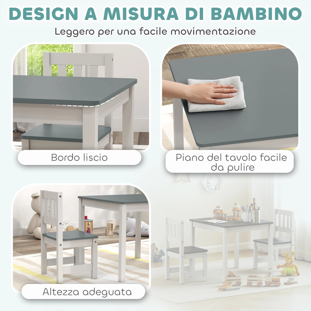 Set Sedie e Tavolo Bambini 3 Pezzi ¨C Minimal ¨C Legno Grigio e Bianco
