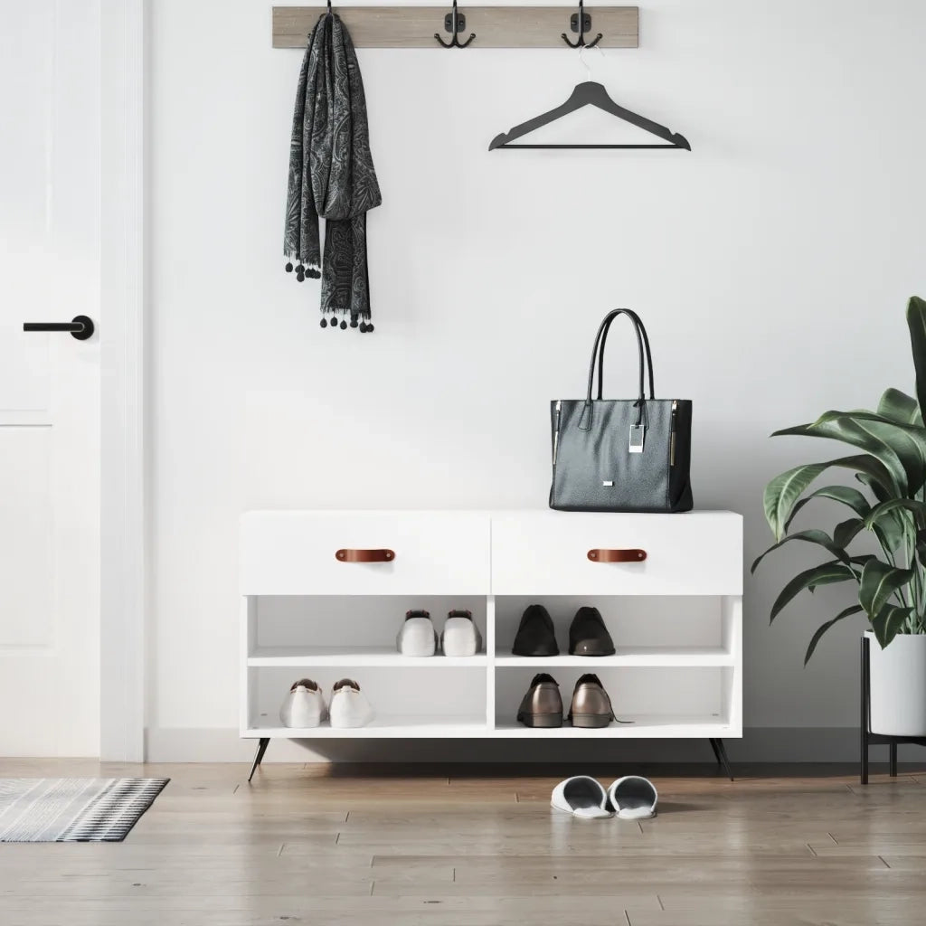 Panca Porta Scarpe | Scarpiera | Mobile per scarpe Bianco Lucido 102x35x55 cm Legno Multistrato