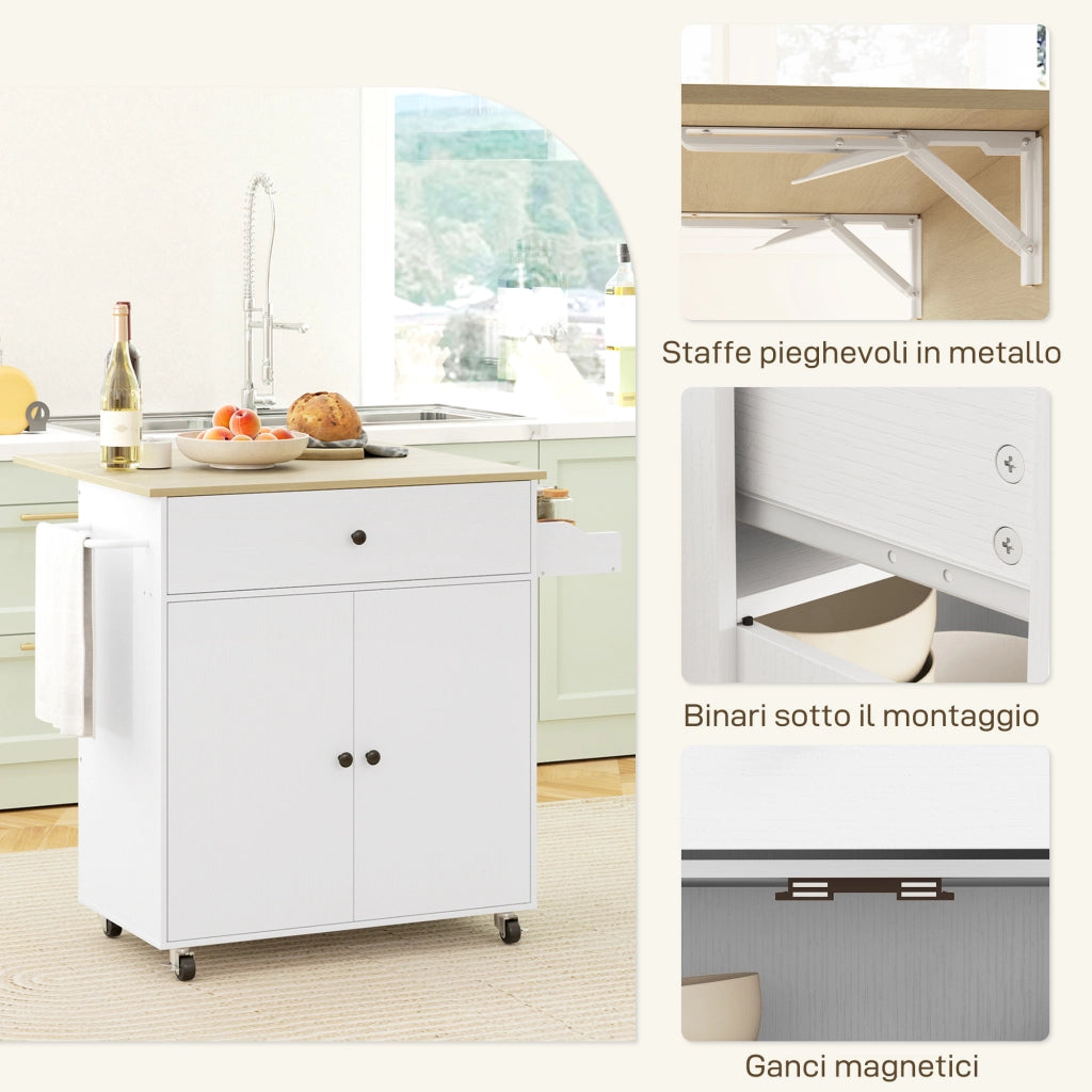 Tavolo da Cucina con Cassetto, Armadietto e Portasciugamani ¨C Zephmum ¨C Bianco e Rovere 106x42x87 cm