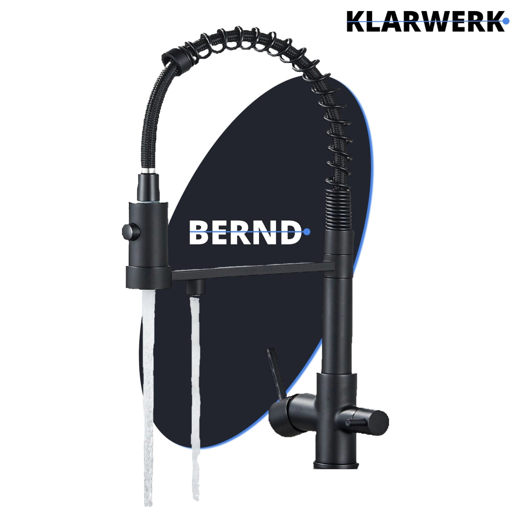 Bernd | Estera filtrante de 3 vías gastronomía negro mate|Grifo ósmosis acero inoxidable con resorte para cocina|monomando restaurante giratorio 360°