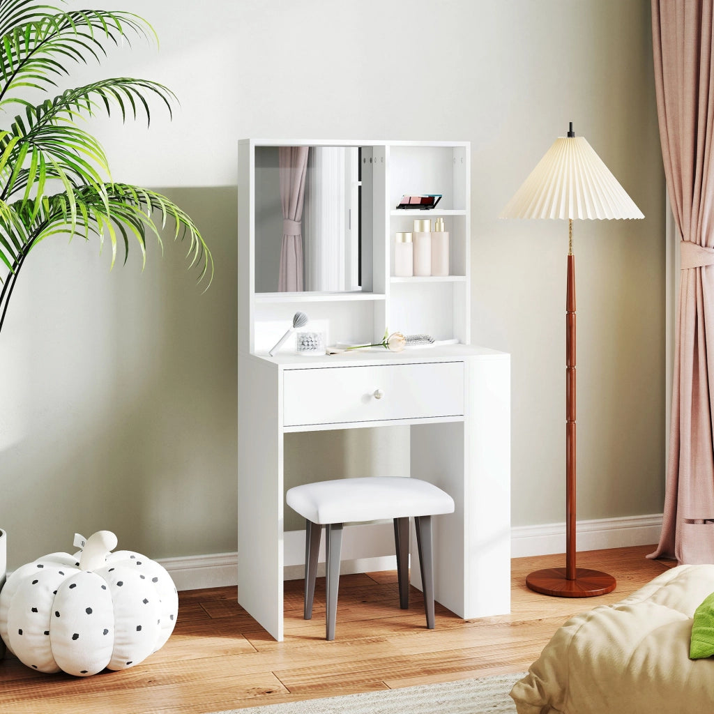 Tavolo trucco con specchio e cassetto, 3 ripiani laterali ¨C Minimal ¨C bianco