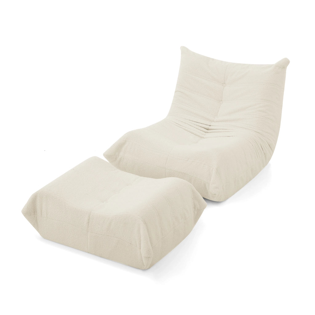 Lazy Sofa con schienale e poggiapiedi, poltrona relax in teddy effetto peluche, beige