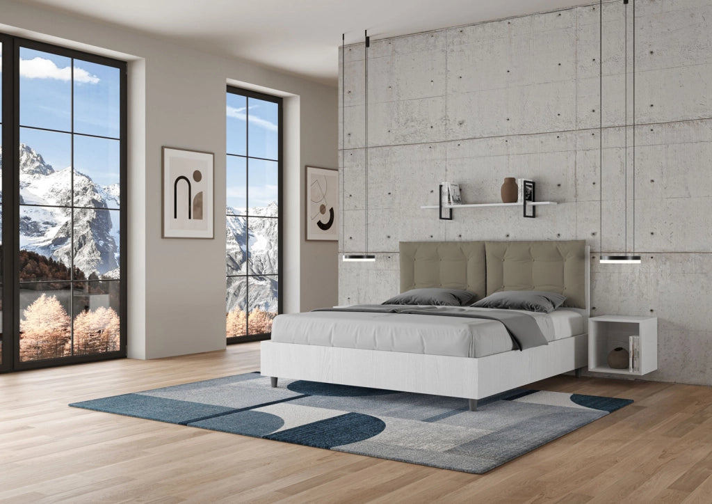 Letto Matrimoniale 160x200 cm con Rete e Contenitore Struttura Bianco Frassico con Cuscini in Similpelle Egos Annalisa