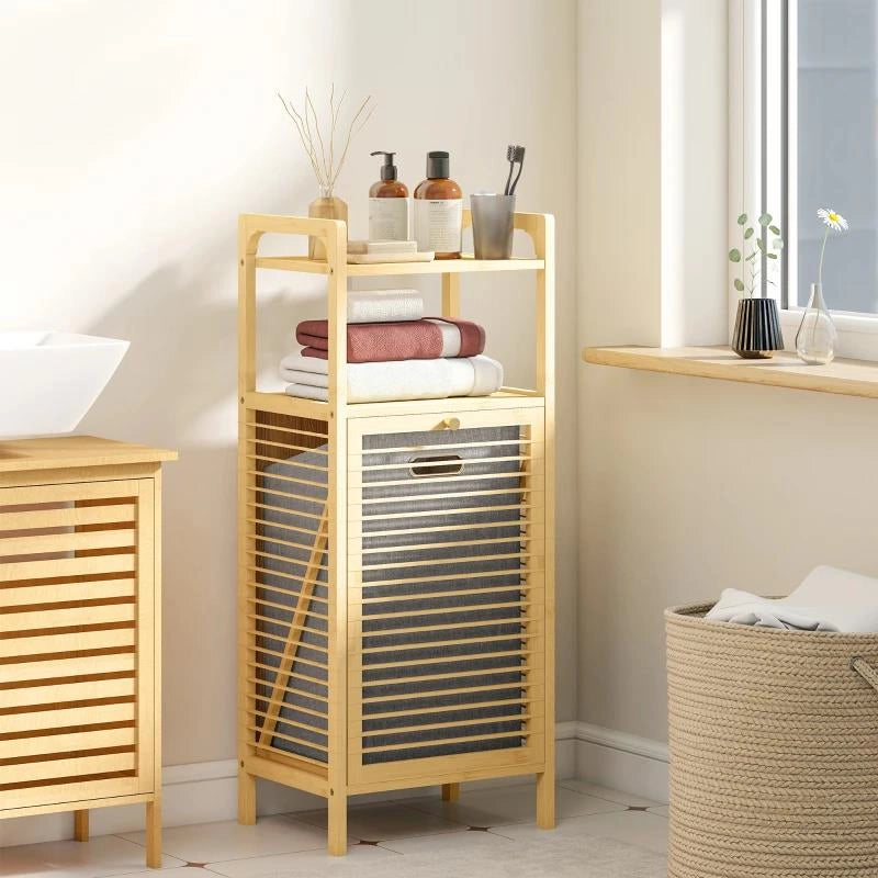 MOBILE BAGNO A DOGHE CON CESTO PORTABIANCHERIA E ARMADIETTO, IN BAMB¨ E POLIESTERE, 40X30X95 CM, GRIGIO E LEGNO