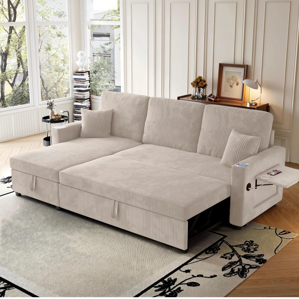 Divano angolare convertibile modulare con funzione letto; contenitore; USB e portabicchieri in velluto a coste beige