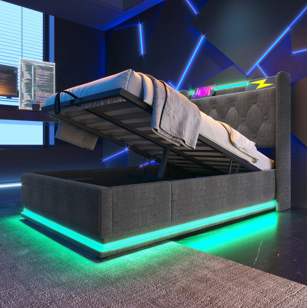 Letto imbottito 90x200 cm con LED, USB e materasso incluso