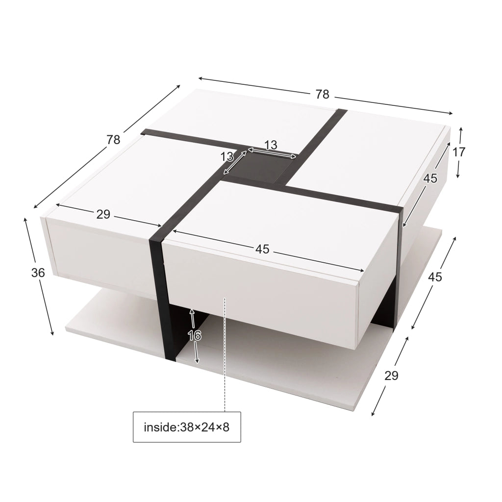 Tavolino da salotto quadrato 4 cassetti con ripiano aperto, finitura lucida, per soggiorno, in truciolare, bianco, 78 × 78 × 36 cm
