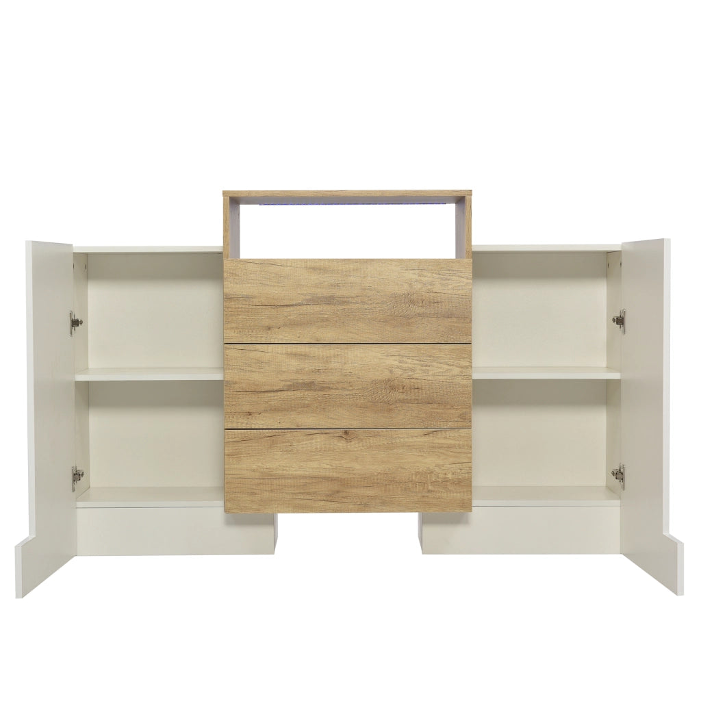 Credenza Moderna con LED ¨C MINIMAL ¨C Bianco Lucido e Legno 140cm