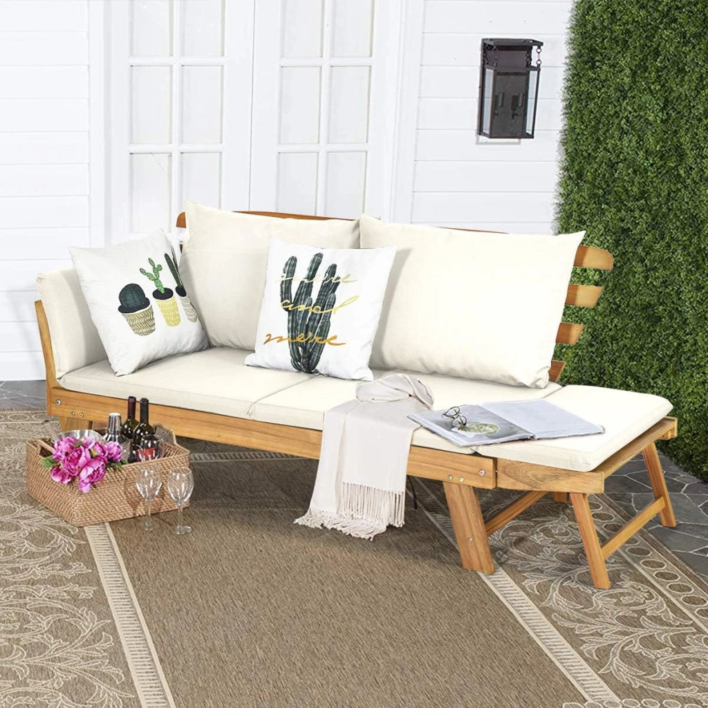 Divano Letto 2 Posti da Esterno in Legno di Acacia con Braccioli Regolabili, Sdraio da Giardino con Cuscini, Chaise longue Pieghevole per Giardino, Piscina, Cortile (Bianco)
