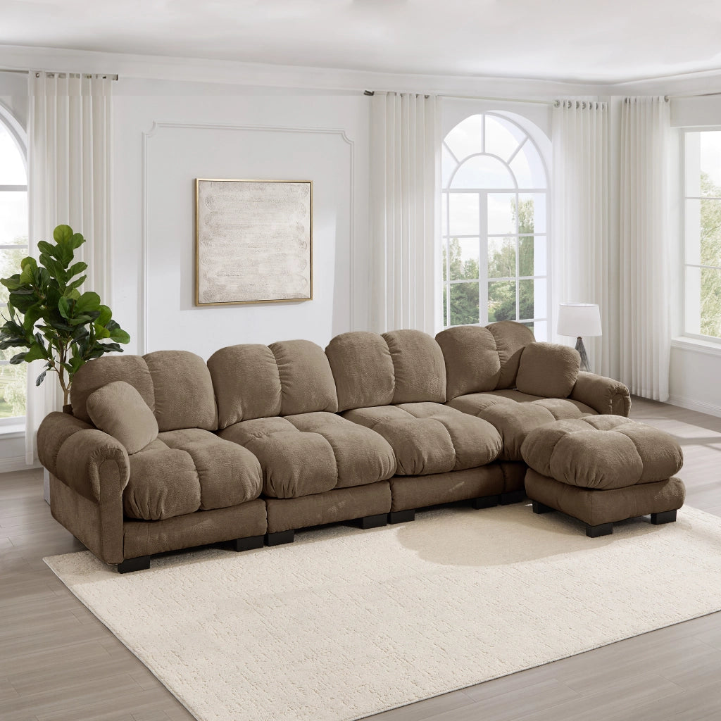 Divano angolare modulare 4 posti con pouf mobile, Chenille, Marrone