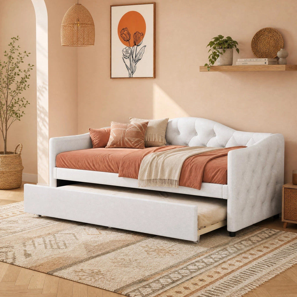 DESMIU Letto singolo 90 × 200 cm 1 posto con letto estraibile, senza materasso, in lino e MDF, stile minimalista, beige