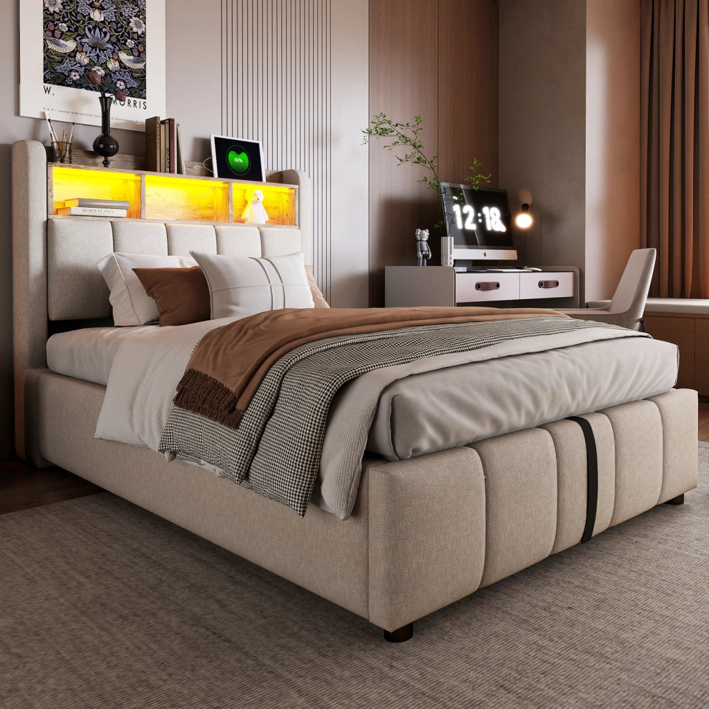 Letto imbottito con LED; USB e porta Type-C 90x200 cm in tessuto effetto lino beige