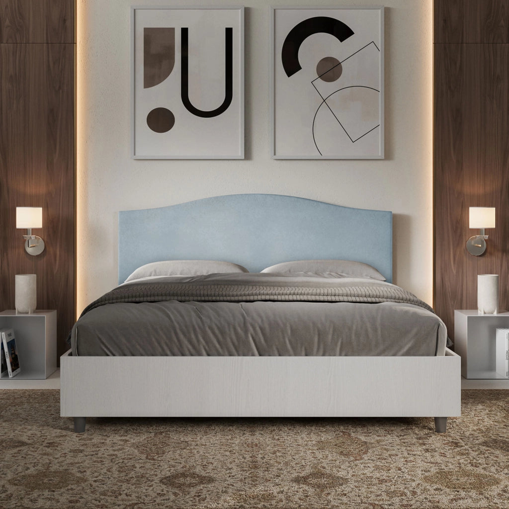BS COM Letto matrimoniale con rete 160x200 bianco frassino testata microfibra azzurro