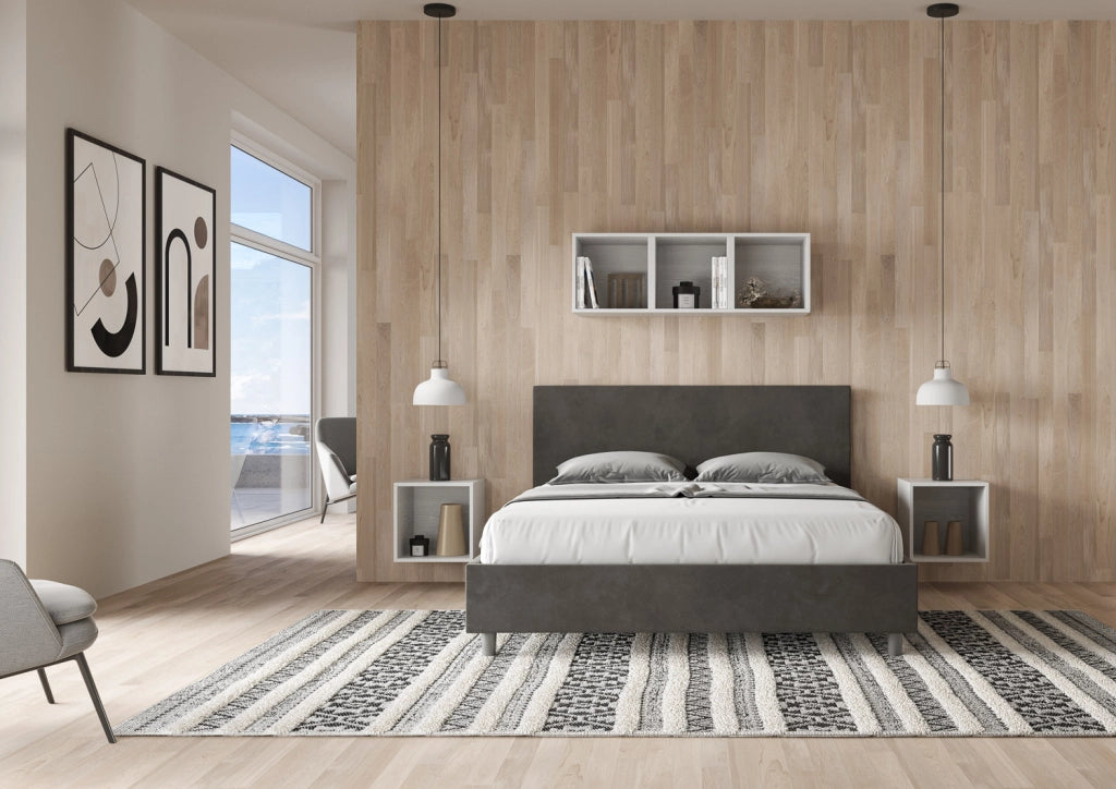 BS COM Letto queen size contenitore imbottito 150x190 microfibra grigio