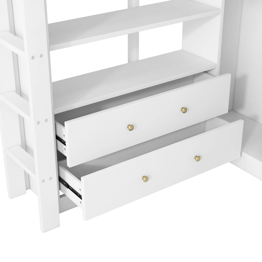 LETTO A CASTELLO 140x200 con scrivania, 2 cassetti, ripiani, bianco