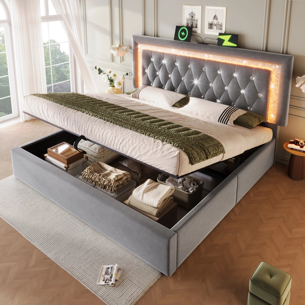 LETTO Contenitore 140x200 cm in Velluto Grigio con LED e USB Type-C
