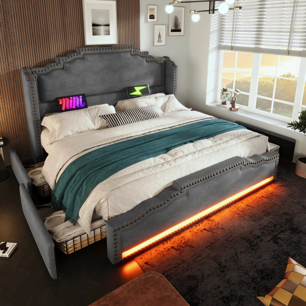 OKWISH Letto con Cassetti 140×200 cm, Letto Matrimoniale con 4 Cassetti, LED Regolabile e USB e Tipo C, senza Materasso, in Velluto, Grigio