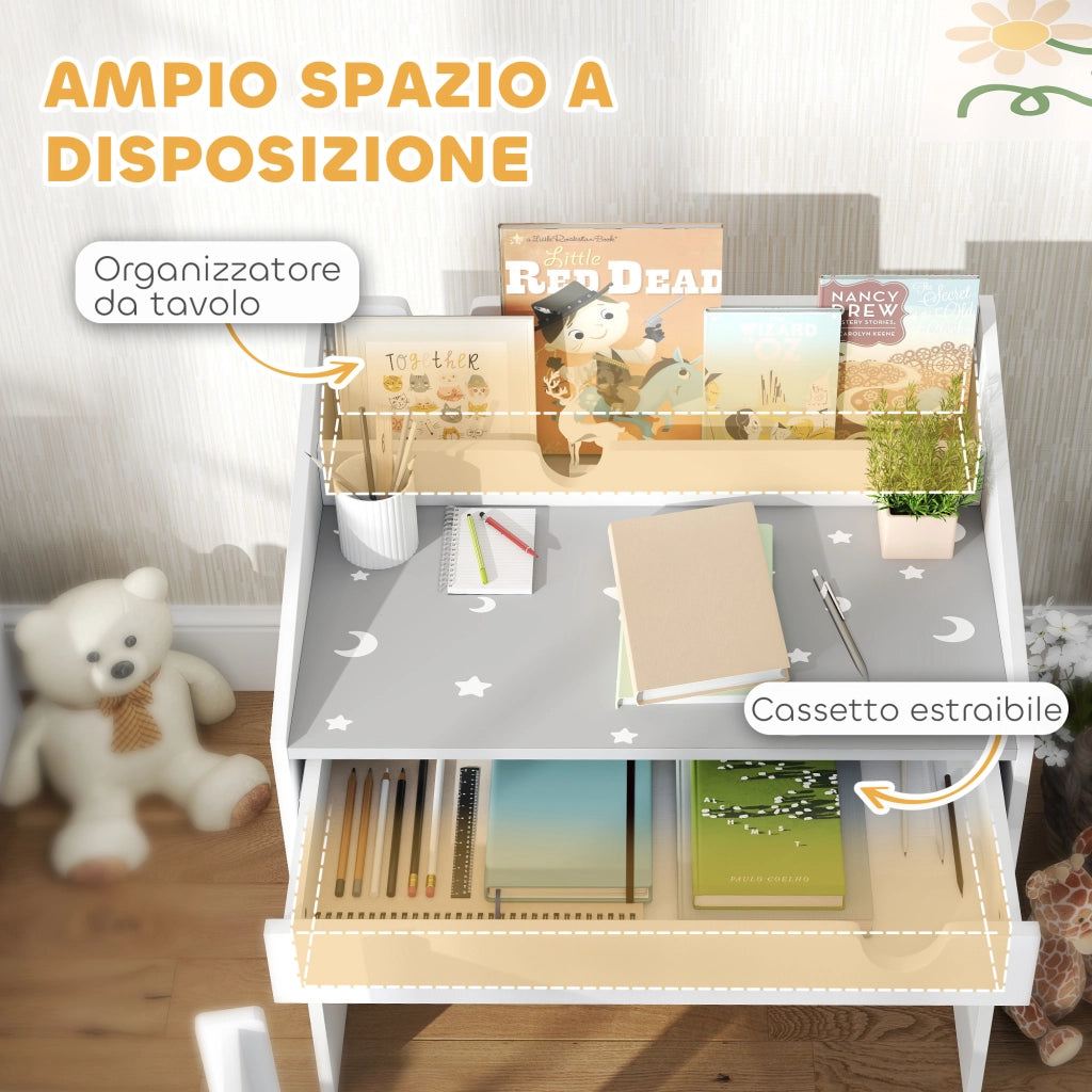 Set Sedia e Tavolino Bambini ¨C Xylo ¨C Legno Grigio con Cassetto Organizzatore 3-6 Anni
