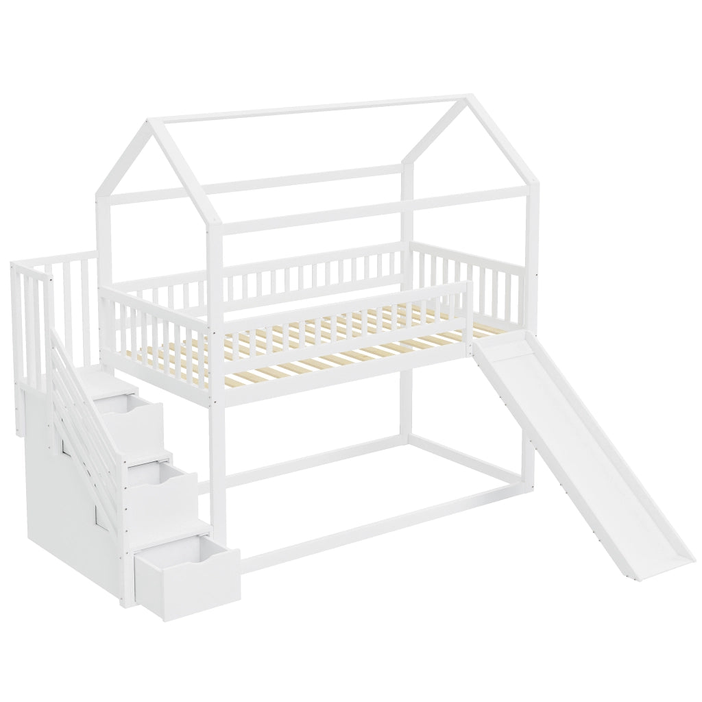 Letto a soppalco 90×200 cm; letto singolo con scivolo e scala contenitore; sponde alte; senza materasso; legno