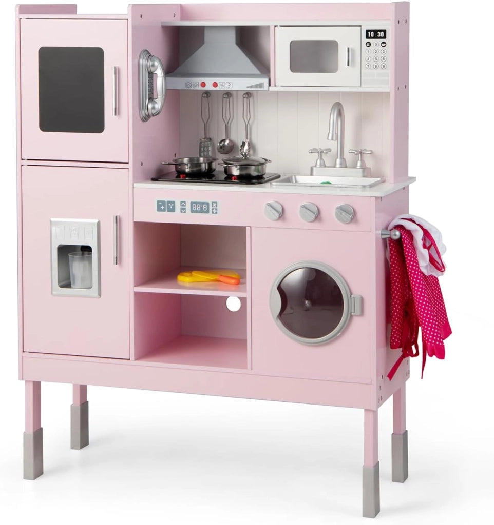 Cucina Giocattolo per Bambini, Cucina Legno per Bambini con Macchina del Ghiaccio, Telefono, Lavatrice, Microonde, Altezza Regolabile, Funzione Luci e Suoni, per Bambini 3+ Anni
