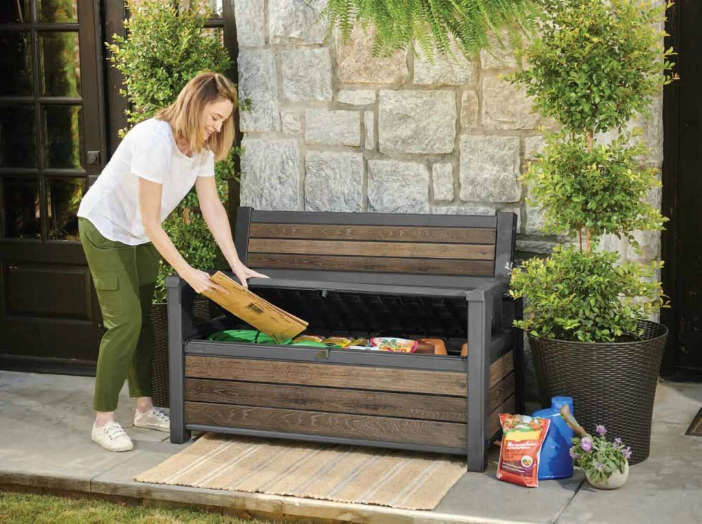 Cassapanca outdoor Estevan, Baule da giardino, Contenitore da esterno, Panchina contenitore da esterno, 133x61 h89 cm, Noce