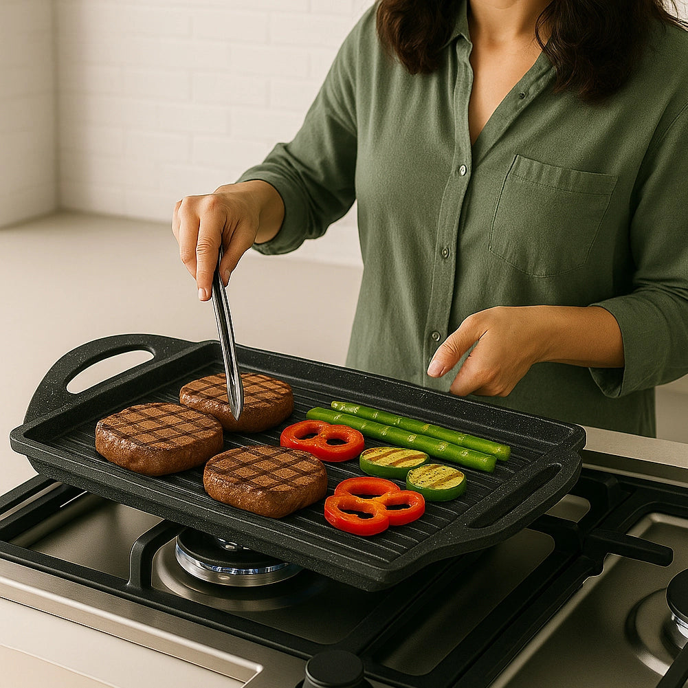 Piastra Grill Bistecchiera con 2 Manici e Fondo Induzione Effetto Pietra 25x35cm